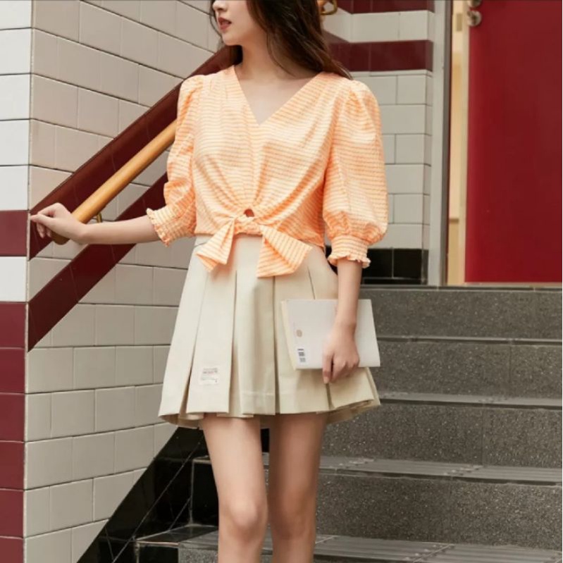 Áo Croptop Cổ V Tay Lửng Phồng Buộc Nơ Eo Hàng Hiệu Vero Moda