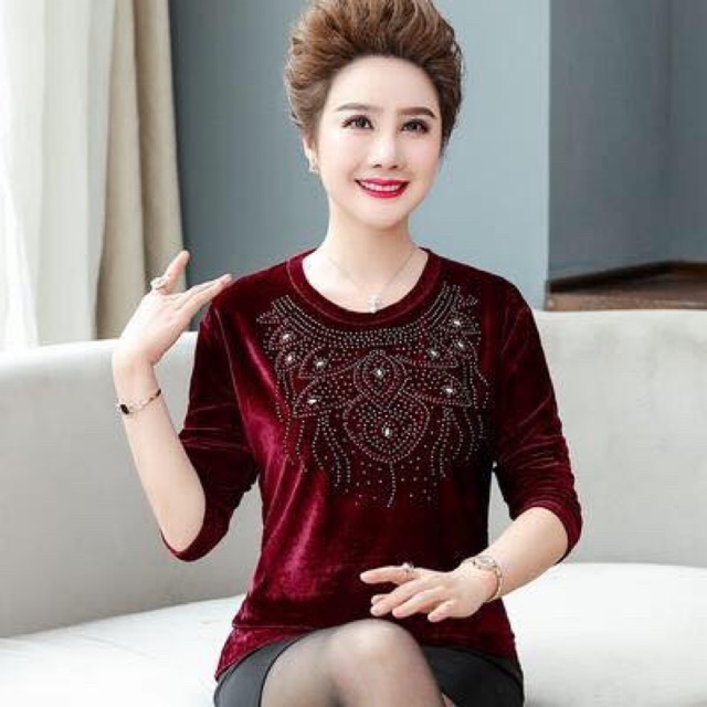 Áo nhung nữ trung niên thời trang kiểu dáng phối cổ sang trọng QCNP1422