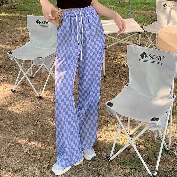 Quần Dài Ống Rộng Họa Tiết Caro Lưng Thun Co Giãn Có Thể Điều Chỉnh Thời Trang Mùa Xuân Cho Nữ 00GB