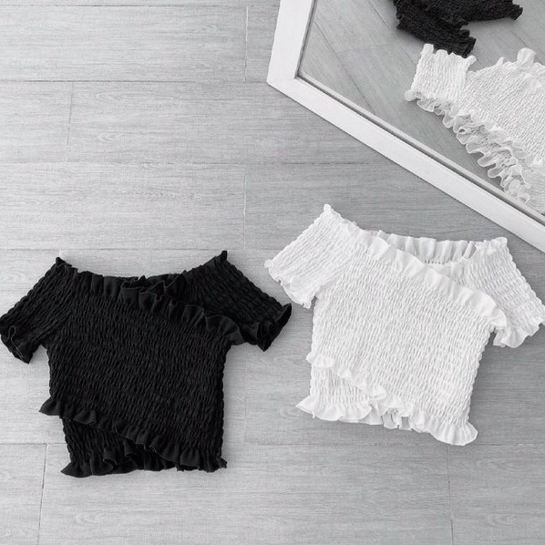 Áo trễ vai nhún chéo tay ngắn, dài hai màu trắng đen - AO61 | BigBuy360 - bigbuy360.vn