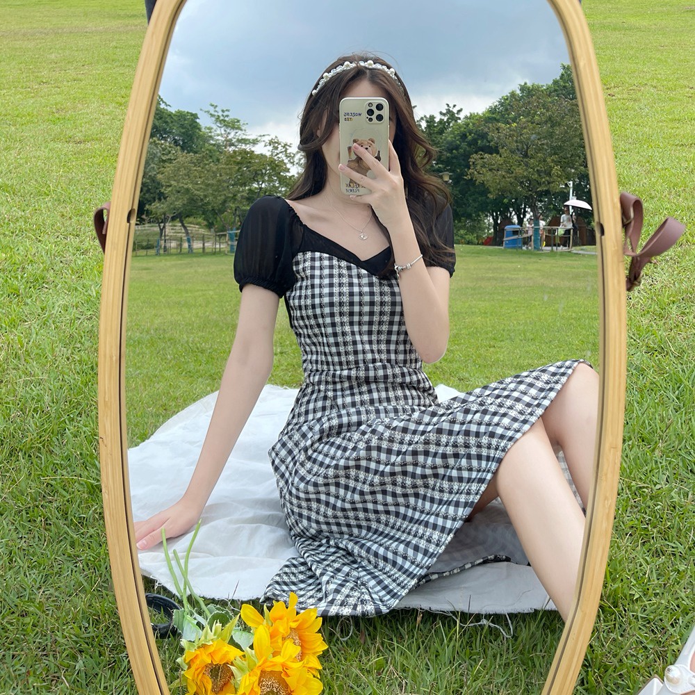 Đầm dài ZHELIHANGFEI tay ngắn họa tiết sọc caro phong cách cổ điển