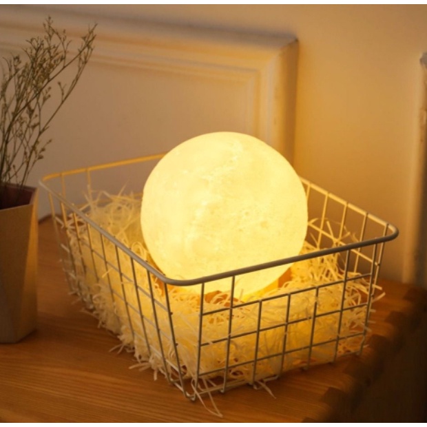 Đèn ngủ mặt trăng có pin sẵn kèm chân đế gỗ, đèn LED Moon Light để bàn trang trí phù hợp decor nhiều không gian 12cm
