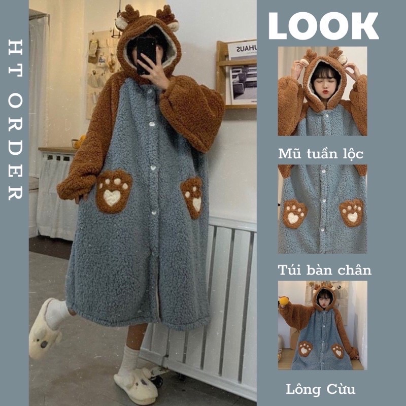 ORDER_Váy ngủ bông hươu sao nâu xanh túi bàn chân lông mềm mịn dày dặn mũ 2 lớp phong cách ulzzang