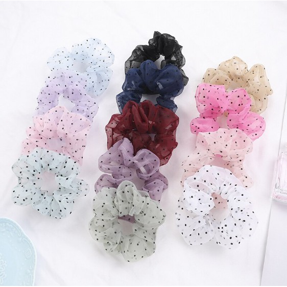 Dây buộc tóc, cột tóc vải scrunchies chiffon chấm bi siêu đẹp