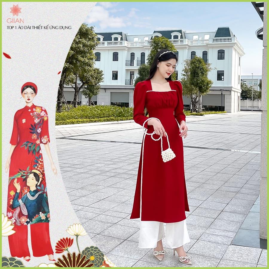 Áo dài cách tân cổ vuông tay bồng thiết kế, áo dài đính ngọc - AD329 -Design By Giian