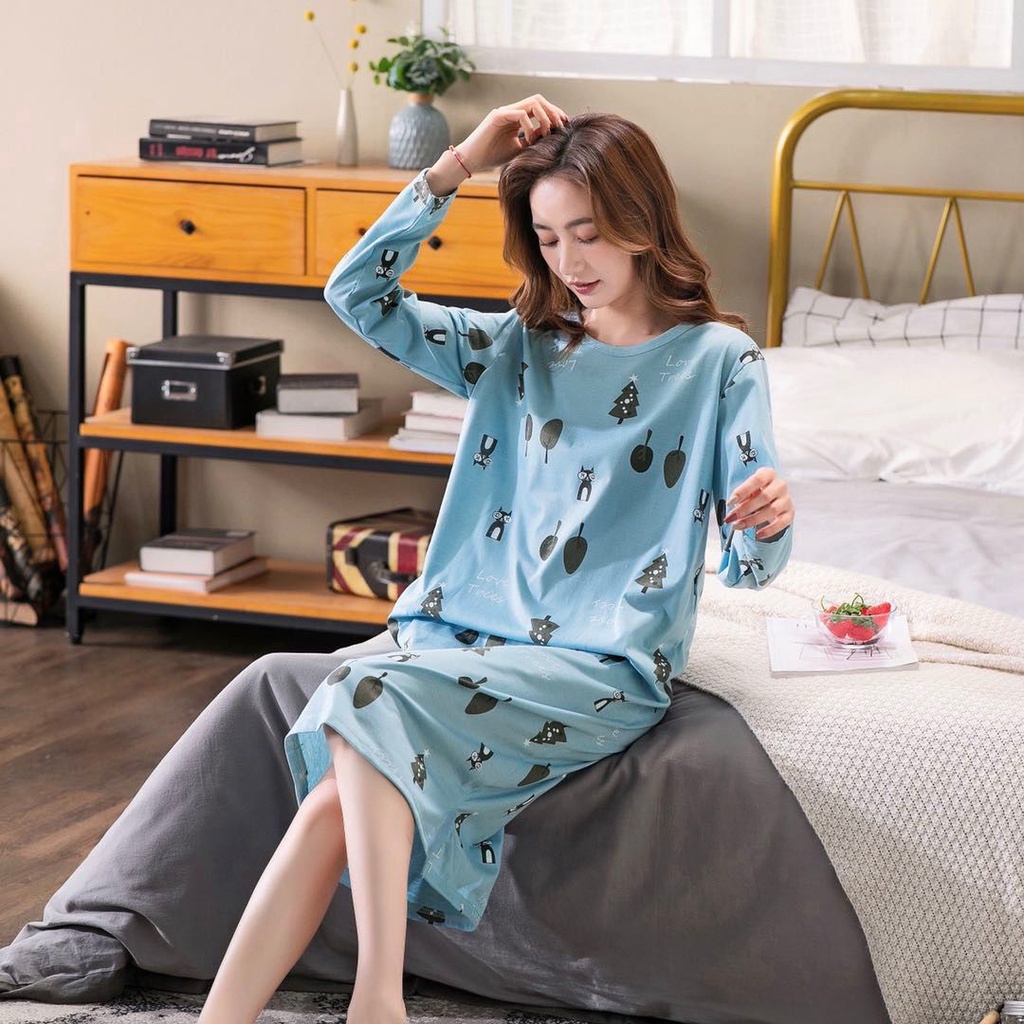 Đầm Ngủ Tay Dài Plus Size Phong Cách Hàn Quốc Ngọt Ngào Cho Nữ