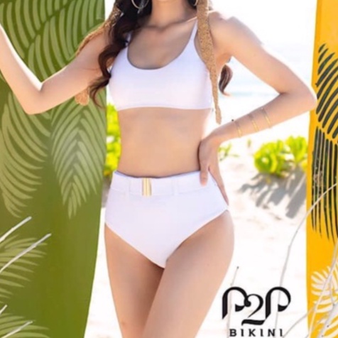 P2P BIKINI - Bikini hai mảnh áo mút hai dây, quần phối khoen lưng cao trắng - BTK370M_LC