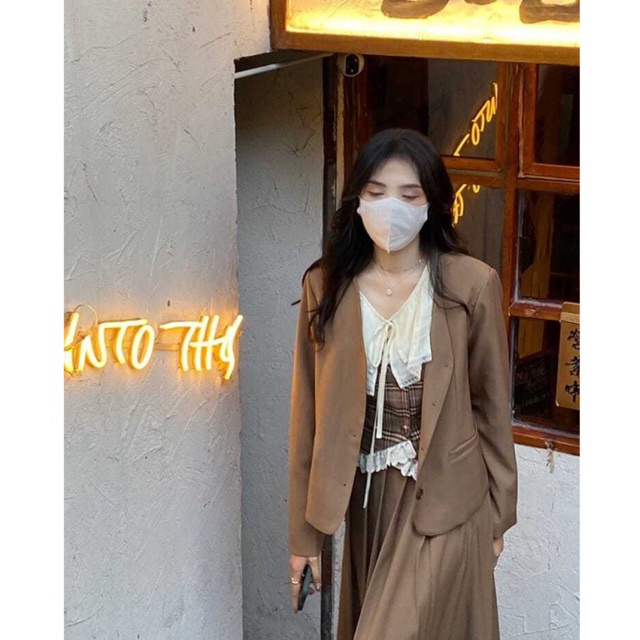 Áo sơ mi thắt nơ/đầm xếp ly phong cách đại học cho nữ