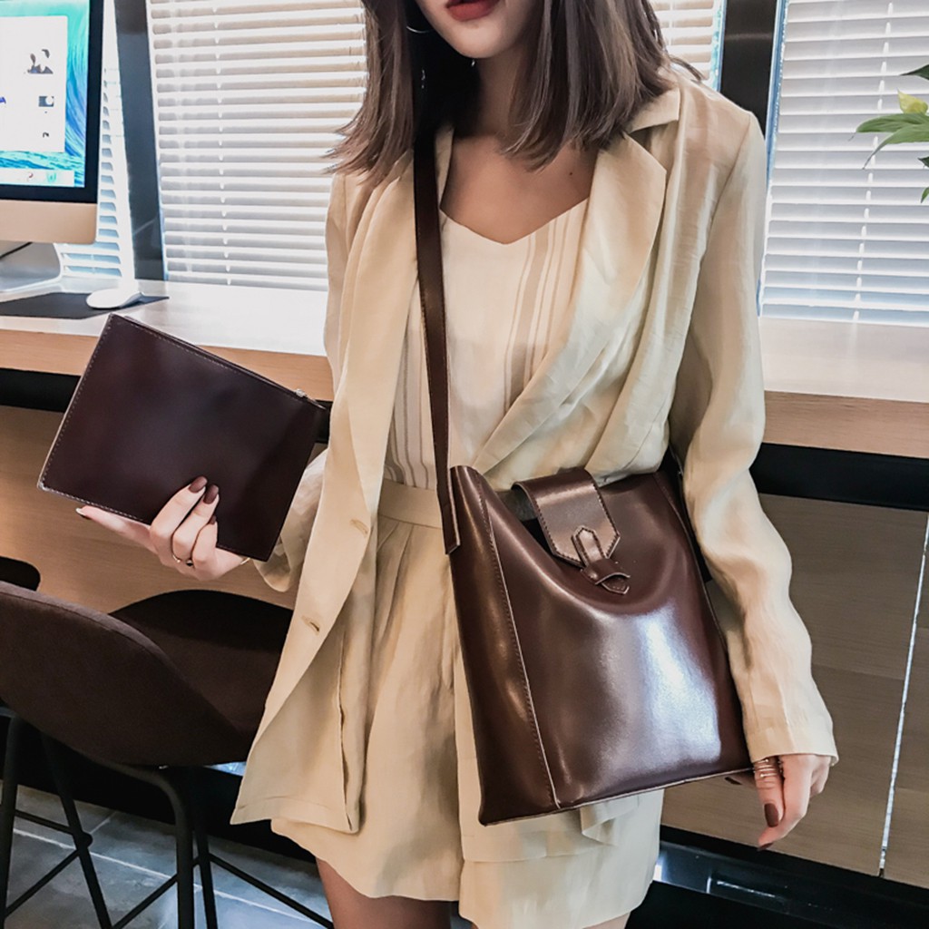 [Follow Shop] Túi xách nữ đeo chéo thời trang da mềm size to bản to màu Đen Nâu