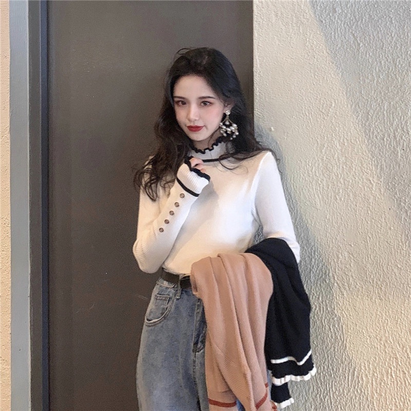 IELGY  Áo Dệt Kim Mỏng Tay Dài Cổ Cao Đính Tai Gỗ Phong Cách Cổ Điển Thời Trang Cho Nữ