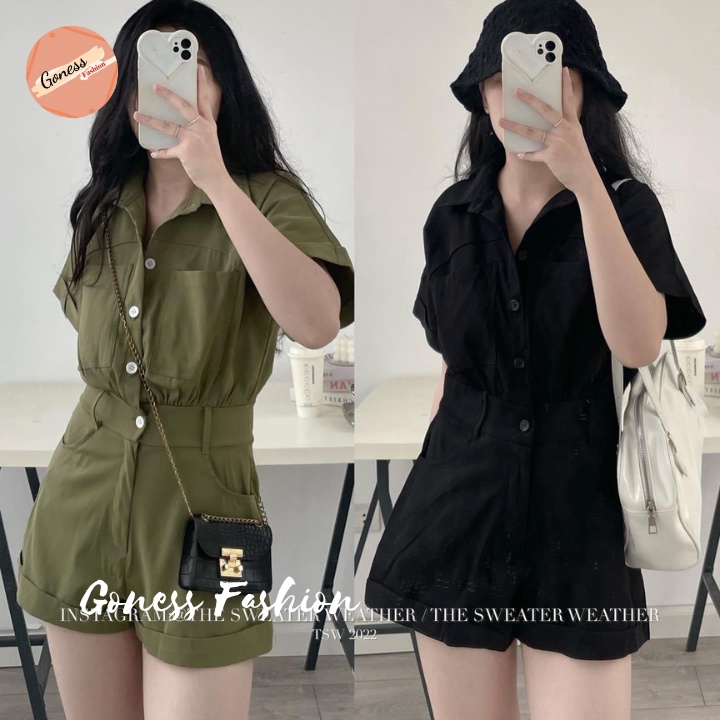 Bộ Jumpsuit Goness cổ sơ mi liền quần gập gấu dáng ngắn jum nữ body chất vải thô kaki cúc cài lưng chun chiết eo