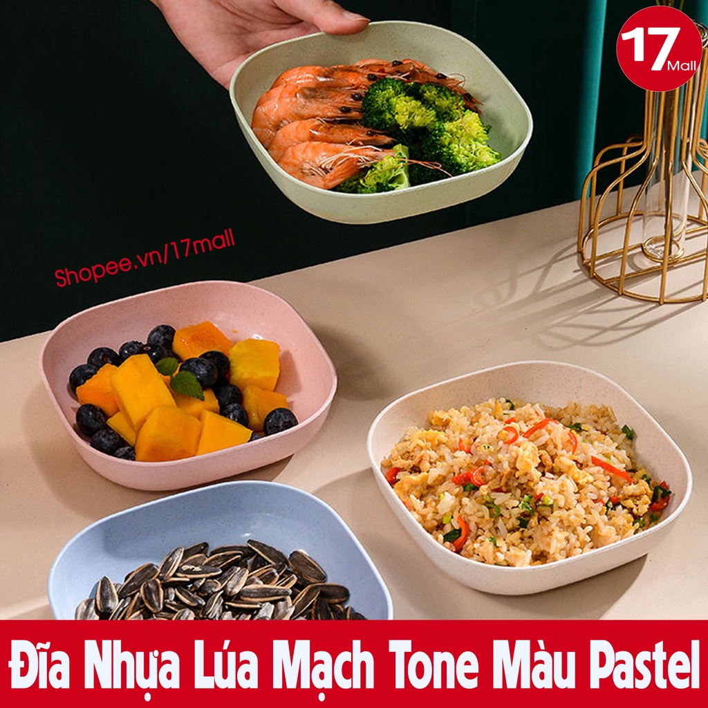 Đĩa nhựa lúa mạch tone màu Pastel, Dĩa nhựa đựng thức ăn, trái cây, bánh kẹo hình vuông sang trọng, tiện dụng
