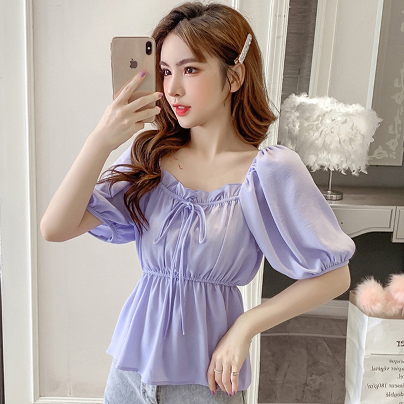 áo sơ mi nữ nơ ngực bo tay cổ vuông