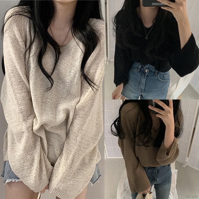 Áo dệt kim mỏng dáng rộng tay dài 3 màu trơn tùy chọn cho nữ