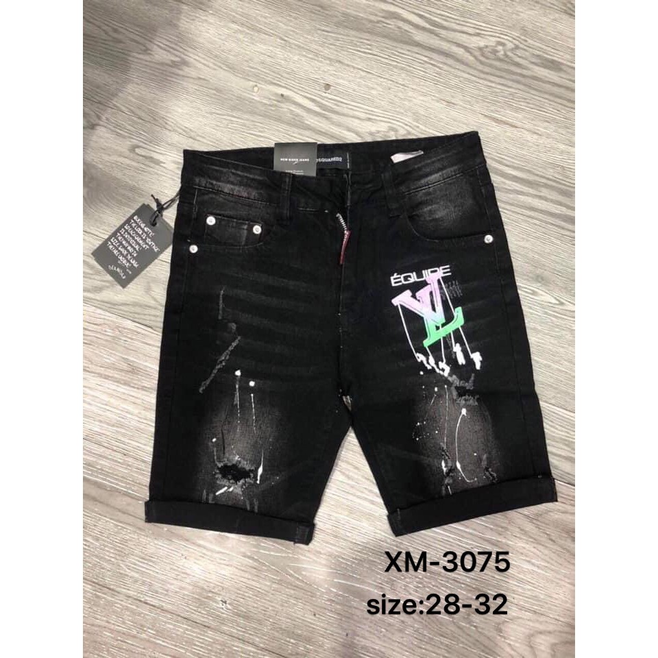 Quần short jean nam đen rách thêu LV chất bò co dãn nhẹ form chuẩn cao cấp | BigBuy360 - bigbuy360.vn