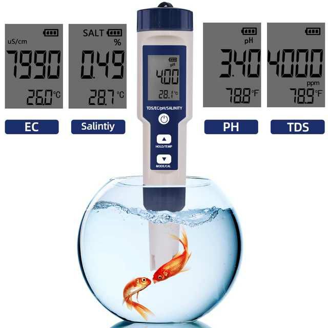 FLASH SALE-Thiết bị đo chỉ số nước EC/PH/TDS/SALT/TEMP 5 trong 1 có cảm biến thông minh cho hồ cá koi,cá cảnh,sinh hoạt