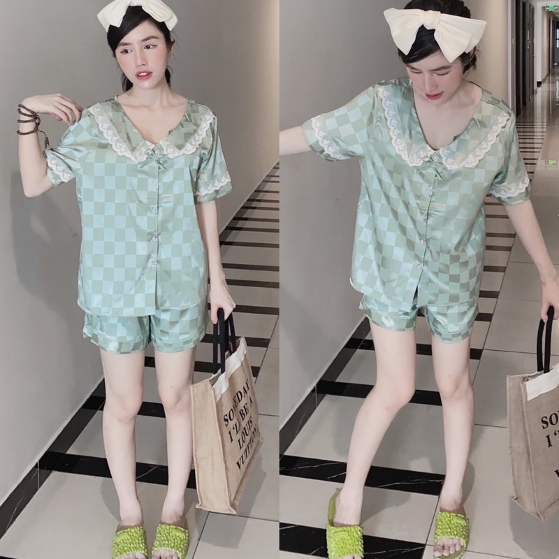 [Dưới 65kg] Bộ đùi mặc nhà Lụa Gấm tơ tằm cao cấp - tay ngắn quần ngắn