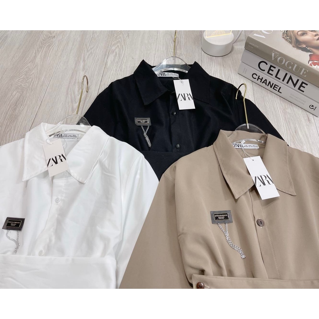 Áo Sơ Mi Nữ Dáng Dài Xòe ZARA Có Đai Eo Thời Trang Phong Cách Hàn Quốc