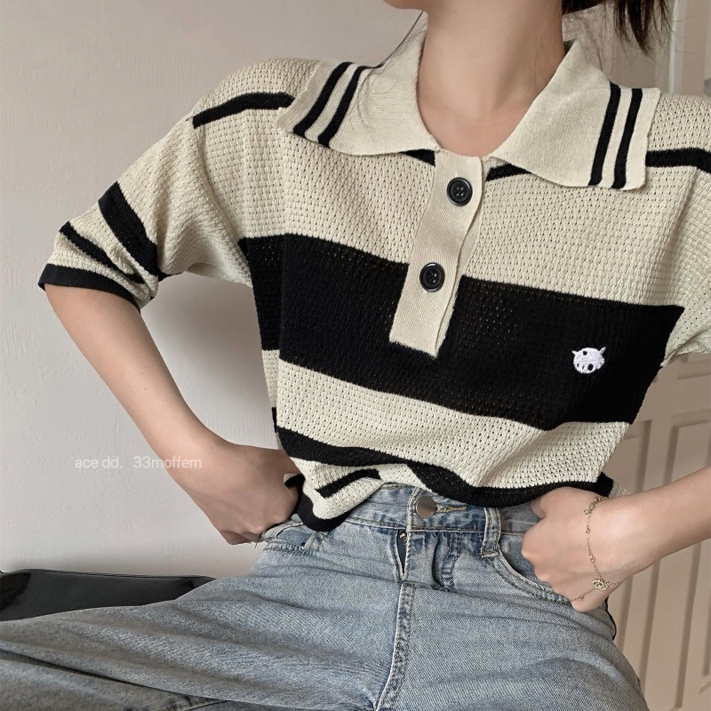 Áo Thun Polo Dệt Kim Tay Ngắn Dáng Rộng Kẻ Sọc Ngang Trẻ Trung Hợp Thời Trang