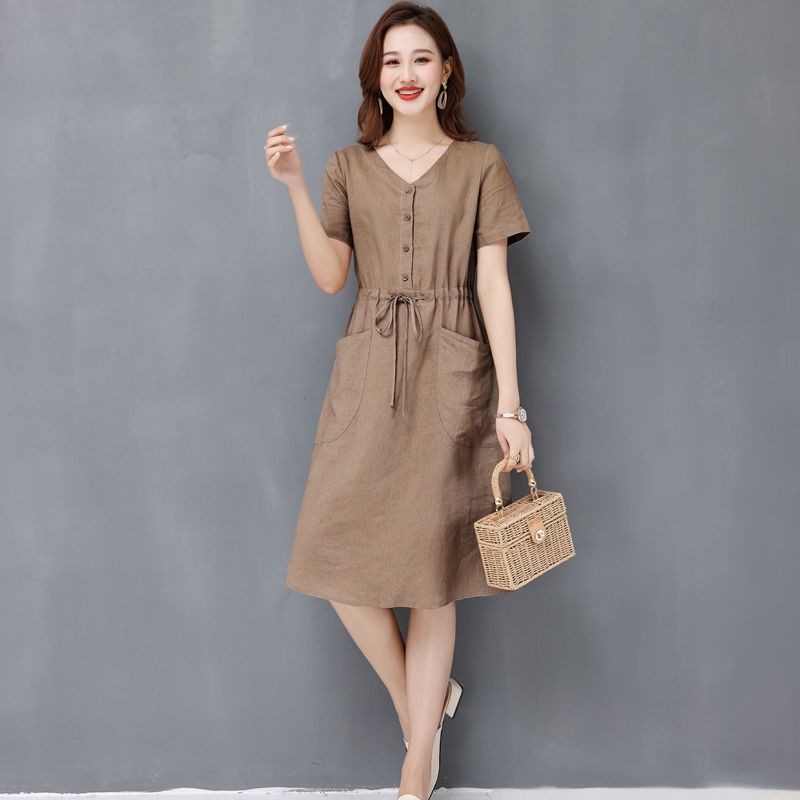 Đầm Dáng Chữ a Vải Cotton Lanh Mỏng Cổ Chữ V Thời Trang Mùa Hè 2022