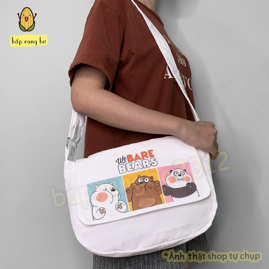 TÚI VẢI ĐEO CHÉO 3 CHÚ GẤU CÓ TÚI CON ĐỂ SÁCH A4 TOTE CANVAS ĐI HỌC ĐI CHƠI