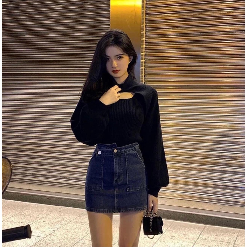 Set áo croptop 2 món tay nữ cao cổ hở eo Wikishop đen trắng freesize thun tăm phom rộng sexy hot trend hàn quốc C702