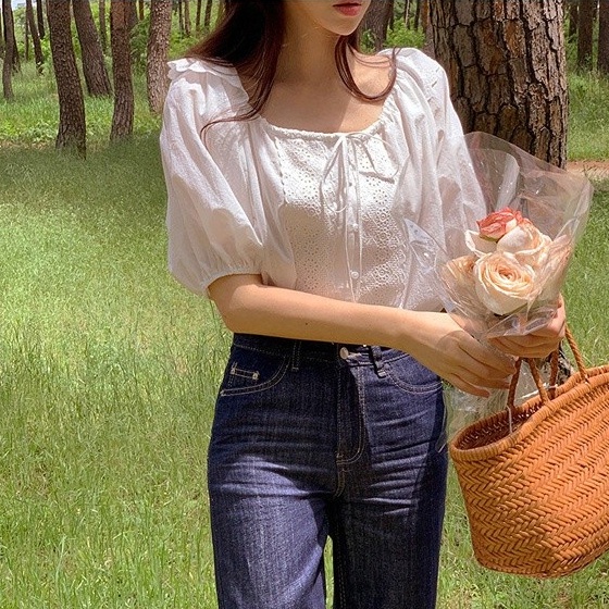 Áo kiểu SUXI tay ngắn cổ tròn dáng rộng phong cách Hàn Quốc thời trang mùa hè ngọt ngào xinh xắn cho nữ