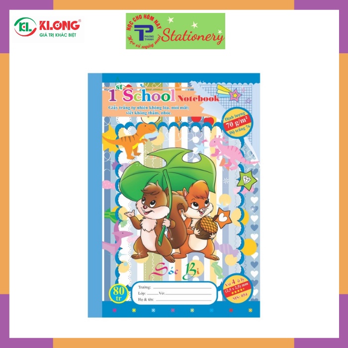 Vở 4 ô ly 48, 80 trang Klong định lượng 70g/m2 bìa hình chích bông, mèo tít, hổ nhi, sóc bi; MS: 053, 054