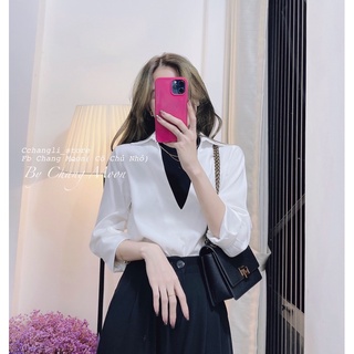 Áo sơ mi cổ V mix áo len cổ lọ( áo liền)