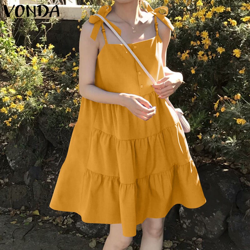 Đầm VONDA Hai Dây Đính Nút Thời Trang Quyến Rũ Thoải Mái Cho Nữ | BigBuy360 - bigbuy360.vn