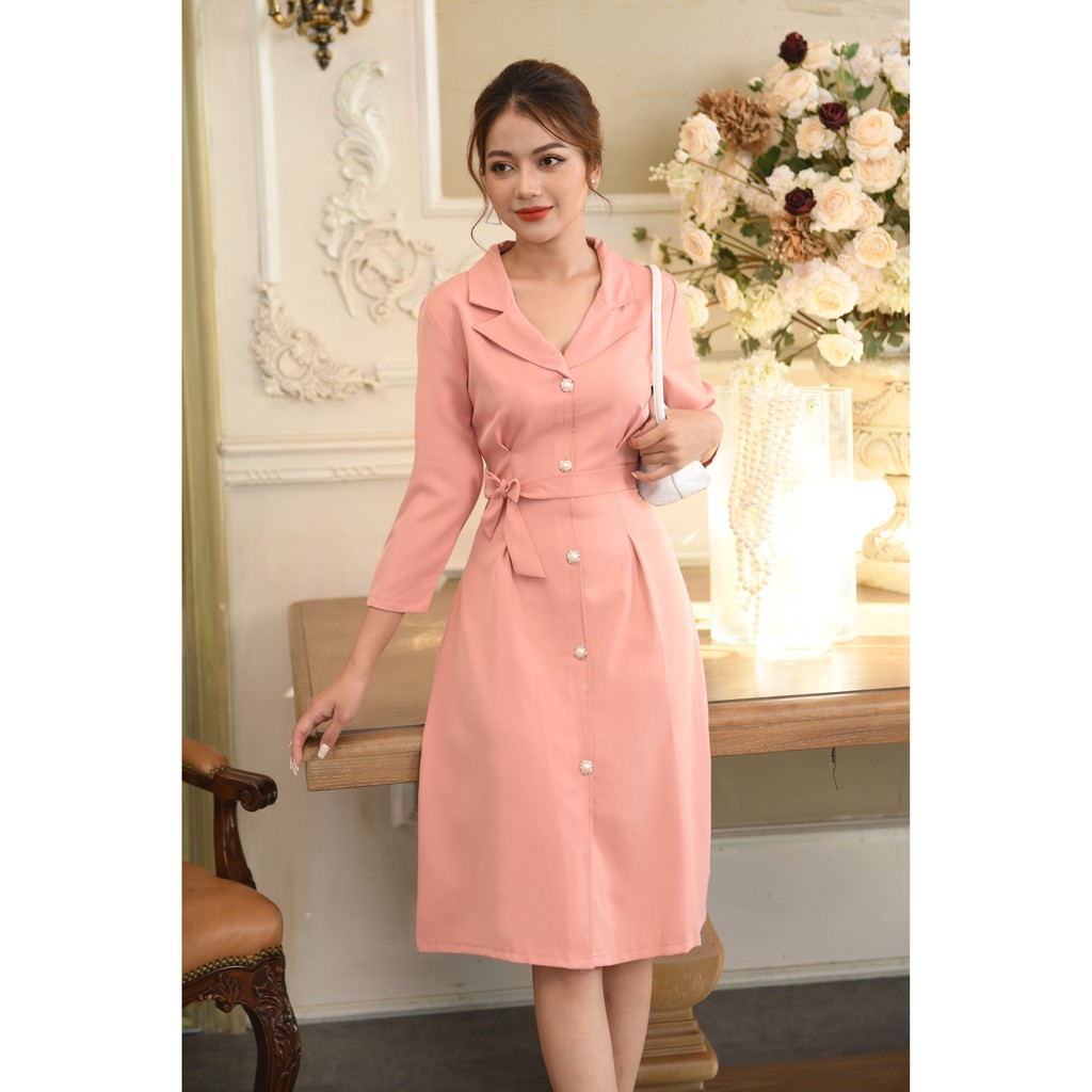 Đầm cổ vest màu hồng Da1366 vải cotton lạnh cao cấp