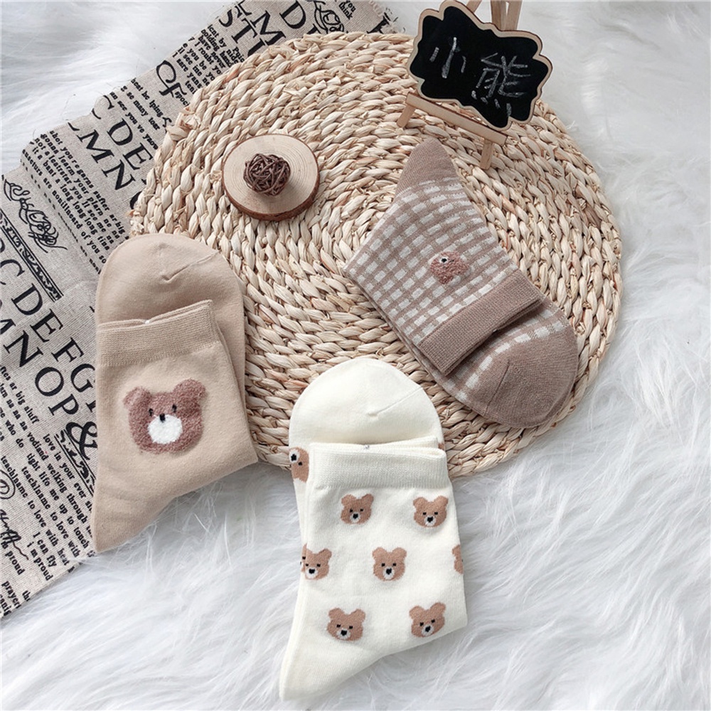 Vớ cotton cổ cao ngang mắt cá chân họa tiết gấu hoạt hình dễ thương cho nữ
