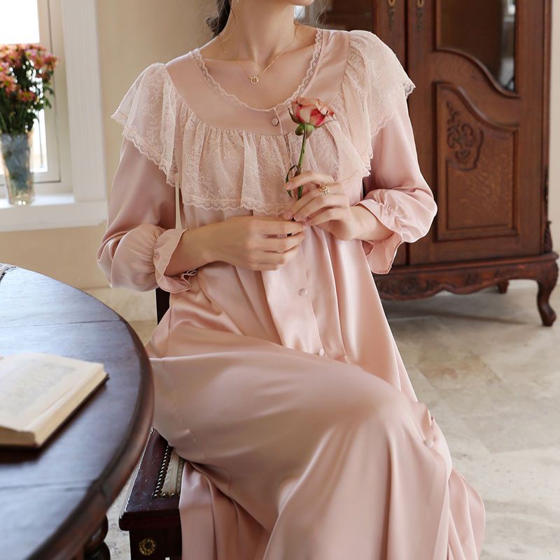 French nightgown women's autumn and winter new retro long-sleeved medium-and long-style household clothing sexy lace ice pajamas skirt