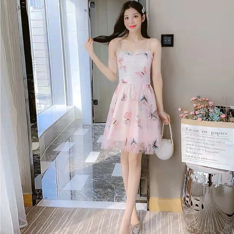 Đầm Lưới Hai Dây Ôm Eo Thêu Hình Bướm Thời Trang Hàng Mới 2022