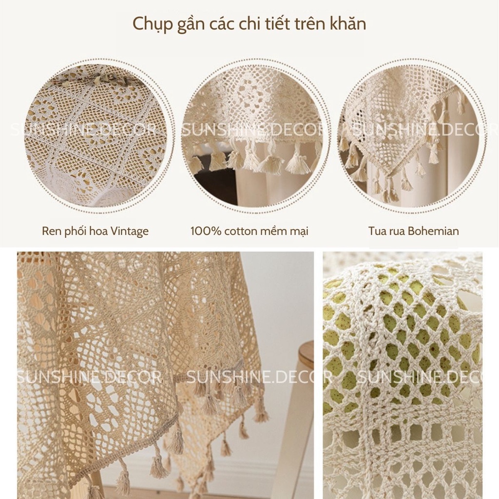 Khăn trải bàn phối ren hoa Vintage có tua rua màu ngà phong cách Retro-Cotton2