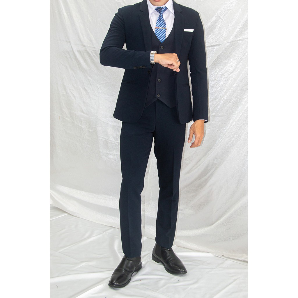 Bộ vest nam và gile sơ mi ôm body màu xanh đen nhạt tặng kèm combo phụ kiện