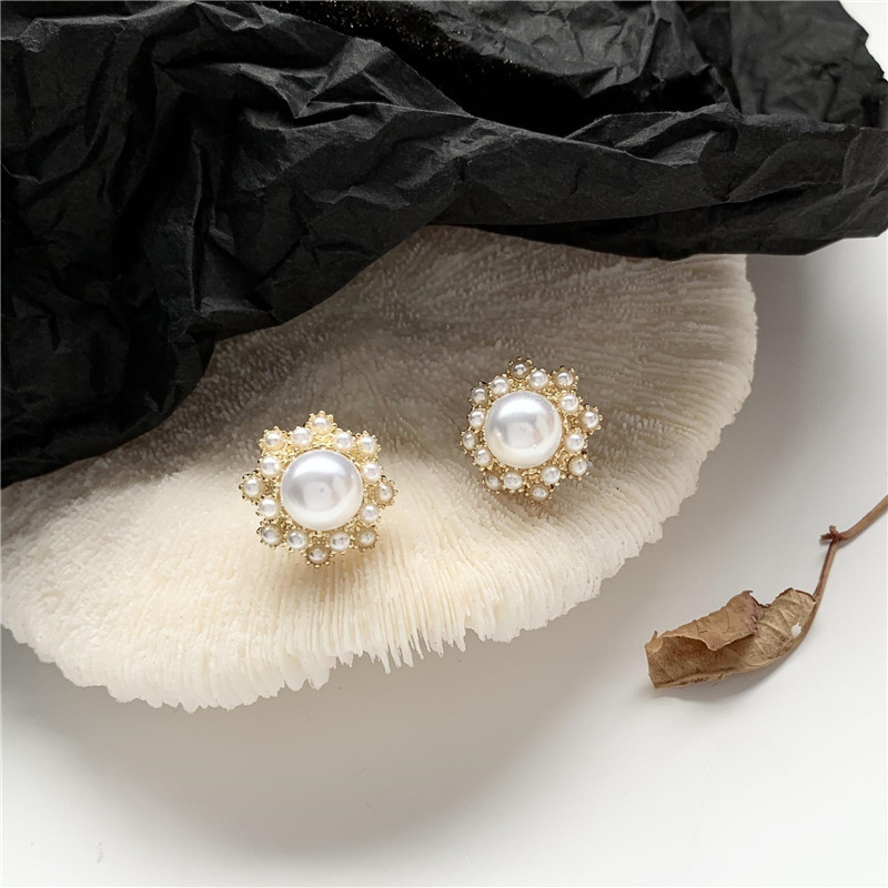 Khuyên tai kim mạ bạc S925 hình bông hoa đính ngọc trai nhân tạo phong cách Pháp Hàn Quốc cho nữ