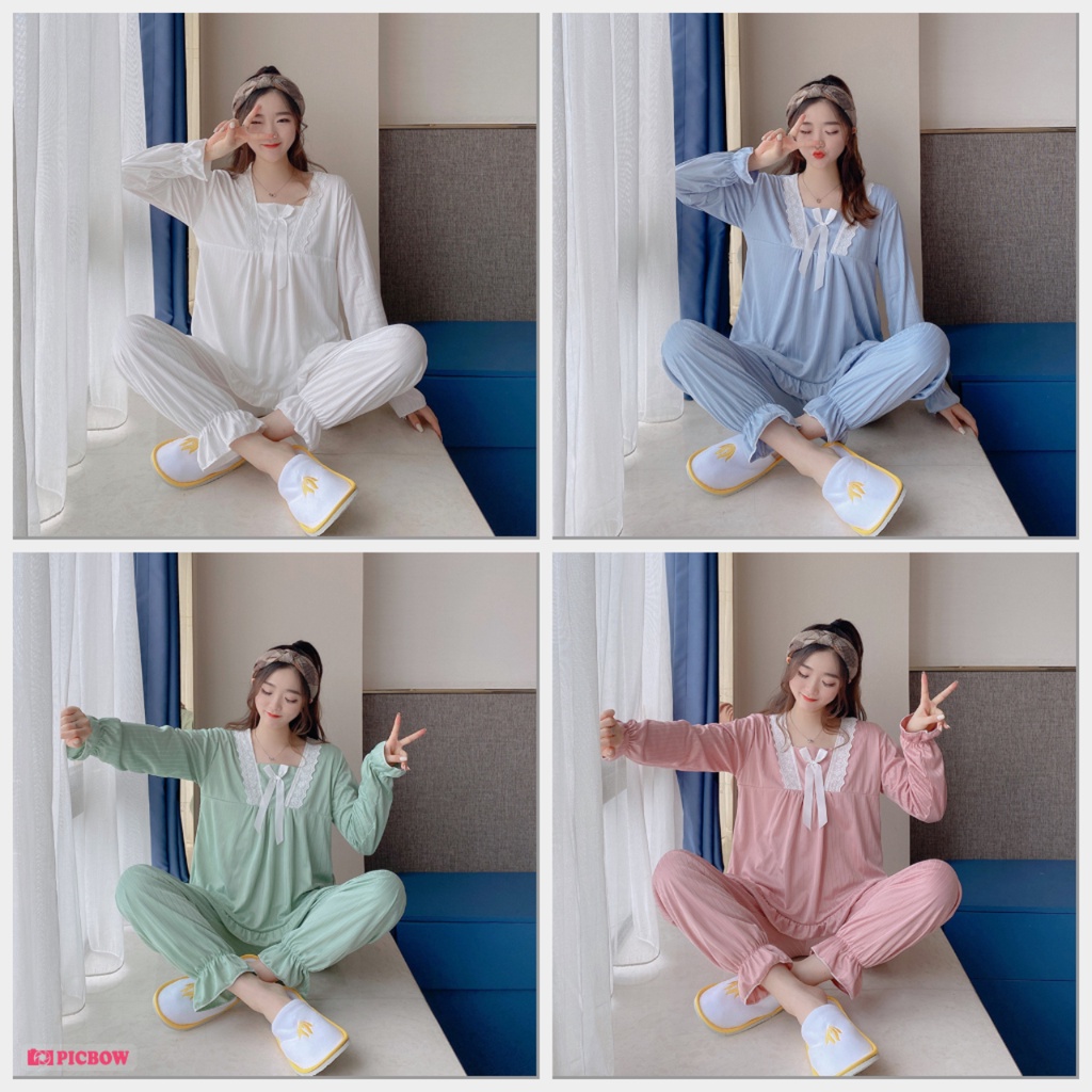Đồ ngủ - Bộ ngủ - Cao cấp Tiệm nhà Bokk cotton dài tay tiểu thư dễ thương cổ ren tay bo chun đáng yêu