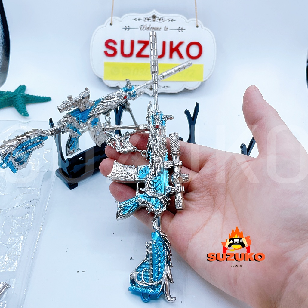 Mô hình M416 pubg kim loại lắp ráp mini skin  Dragon Blue Sky dài 20cm tặng kèm kệ đỡ trưng bày