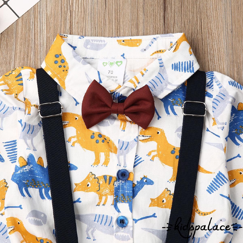 ➤♕❀❤Baby Boy Cartoon Dinosaur Print Bowtie Romper and Strap Trousers Set Infant Long Sleeve Jumpsuit Bib Pants Two