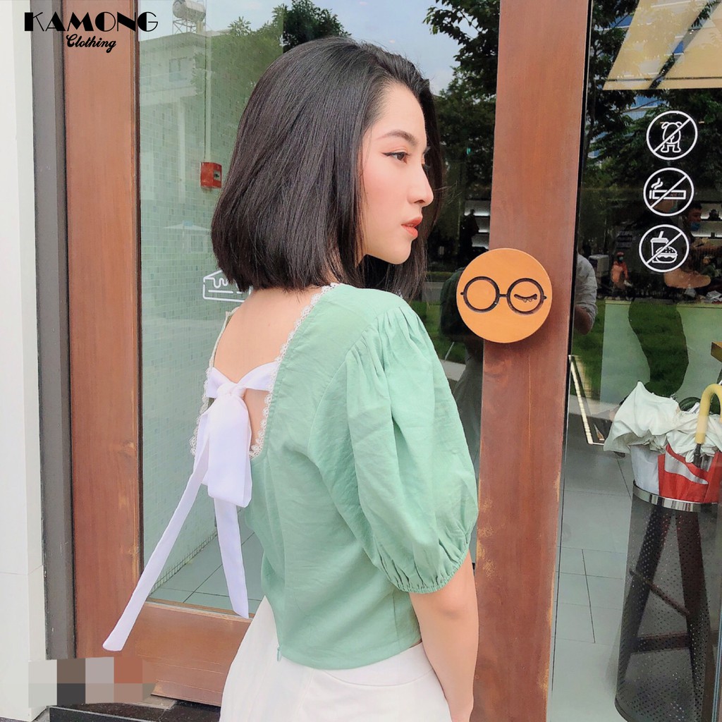 Áo croptop nơ lưng trắng phối ren KAMONG A075