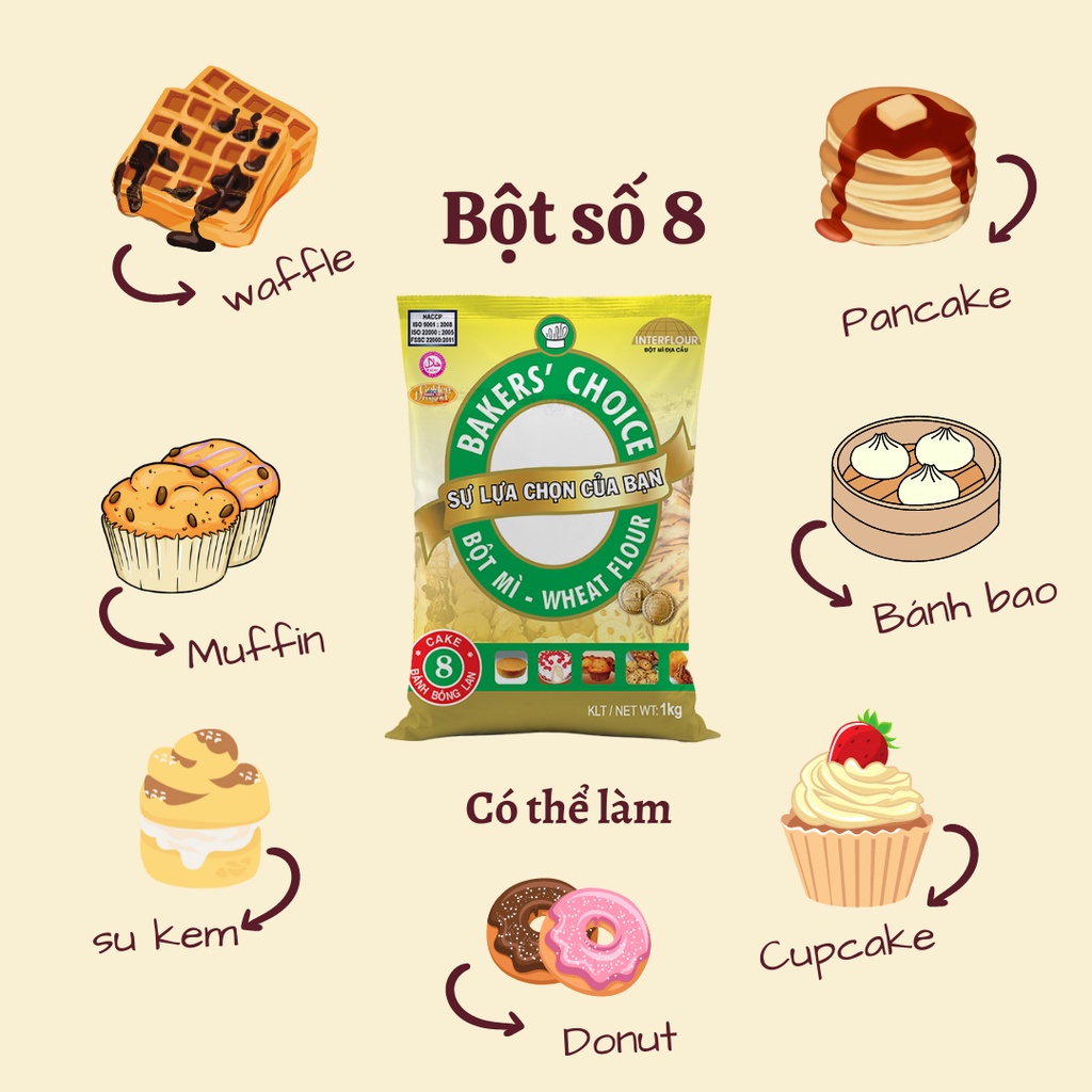 Bột mì số 8 Baker Choice dành cho bánh bông lan, bánh cupcake loại túi 1kg