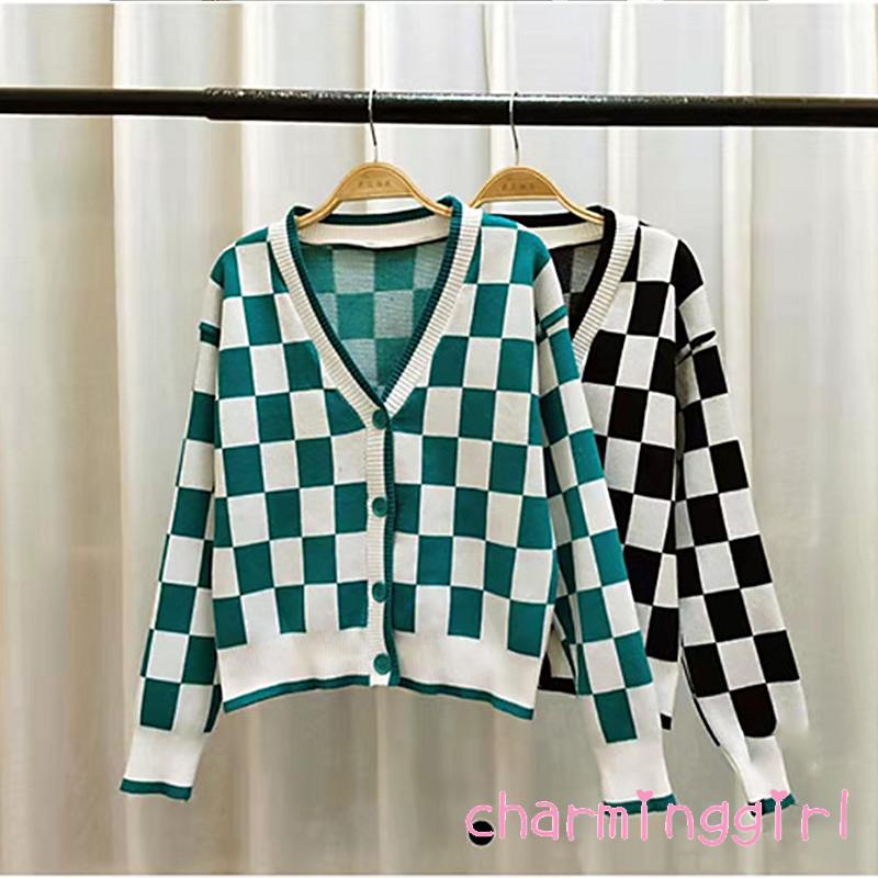 Áo khoác cardigan dệt kim cổ chữ V tay dài dáng rộng in họa tiết kẻ ô phối nút cho nữ