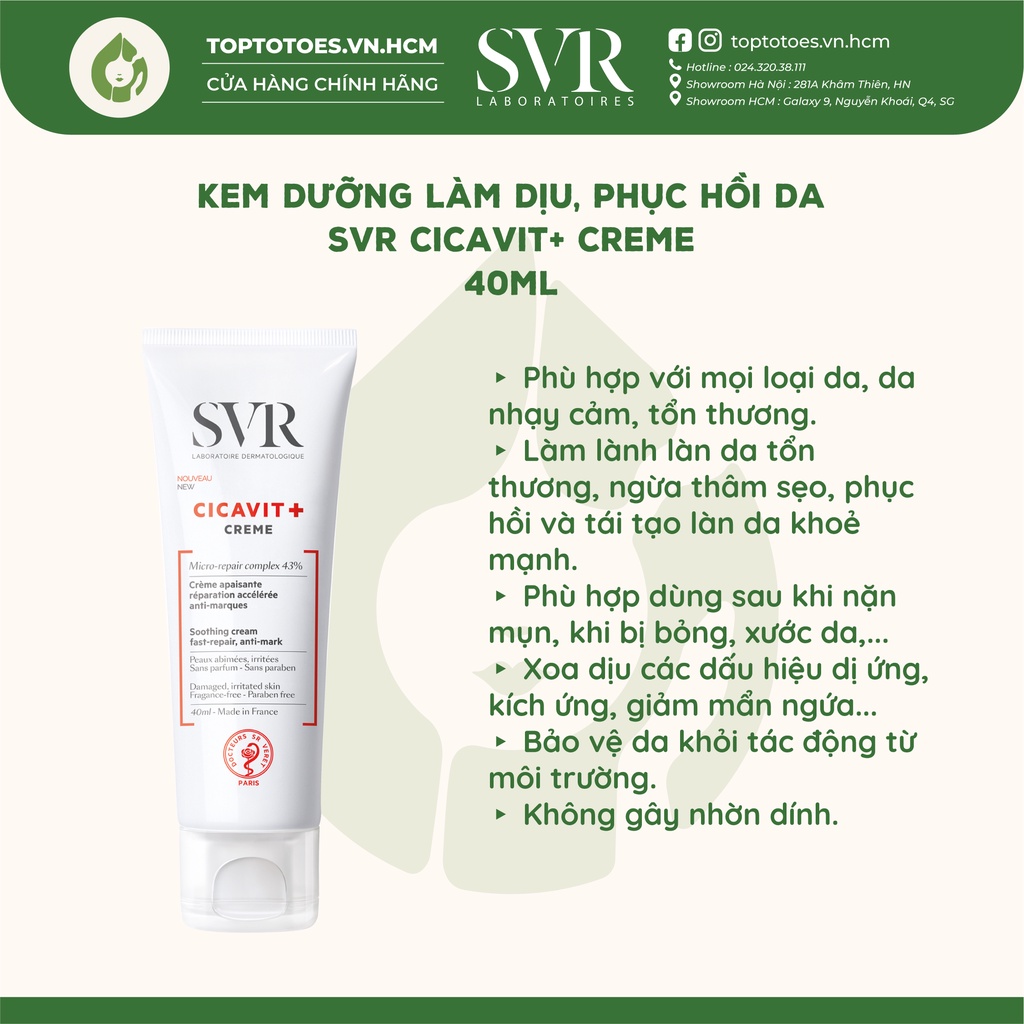 Kem dưỡng làm dịu, phục hồi da SVR Cicavit+ Creme 40ml [NHẬP KHẨU CHÍNH HÃNG 100%]