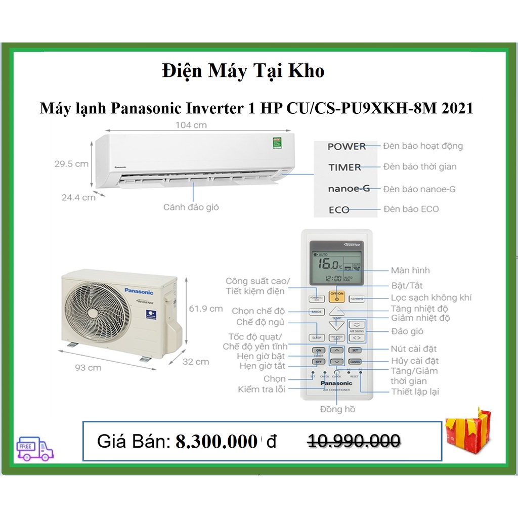 Máy lạnh Panasonic Inverter 1 HP CU/CS-PU9XKH-8M - Điện Máy Tại Kho