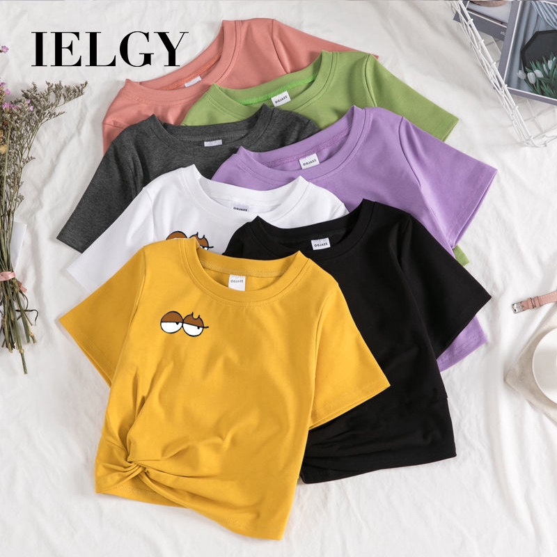 IELGY   Áo Thun cotton Ngắn Tay Cao Cổ Thời Trang Cho Nữ