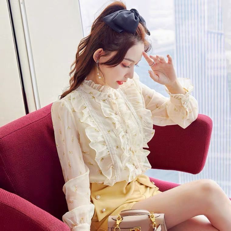 Áo Sơ Mi chiffon Tay Dài Cổ Đứng Phối Bèo Form Rộng In Họa Tiết Phong Cách Pháp Thời Trang Mùa Xuân Cho Nữ