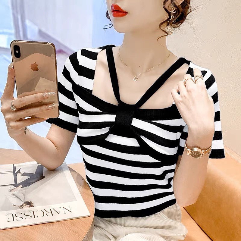 Áo Len Kiểu Ôm Body Tay Ngắn Có Dây Nơ Ngực Sọc Và Trơn Nữ Tính | Smide Clothing