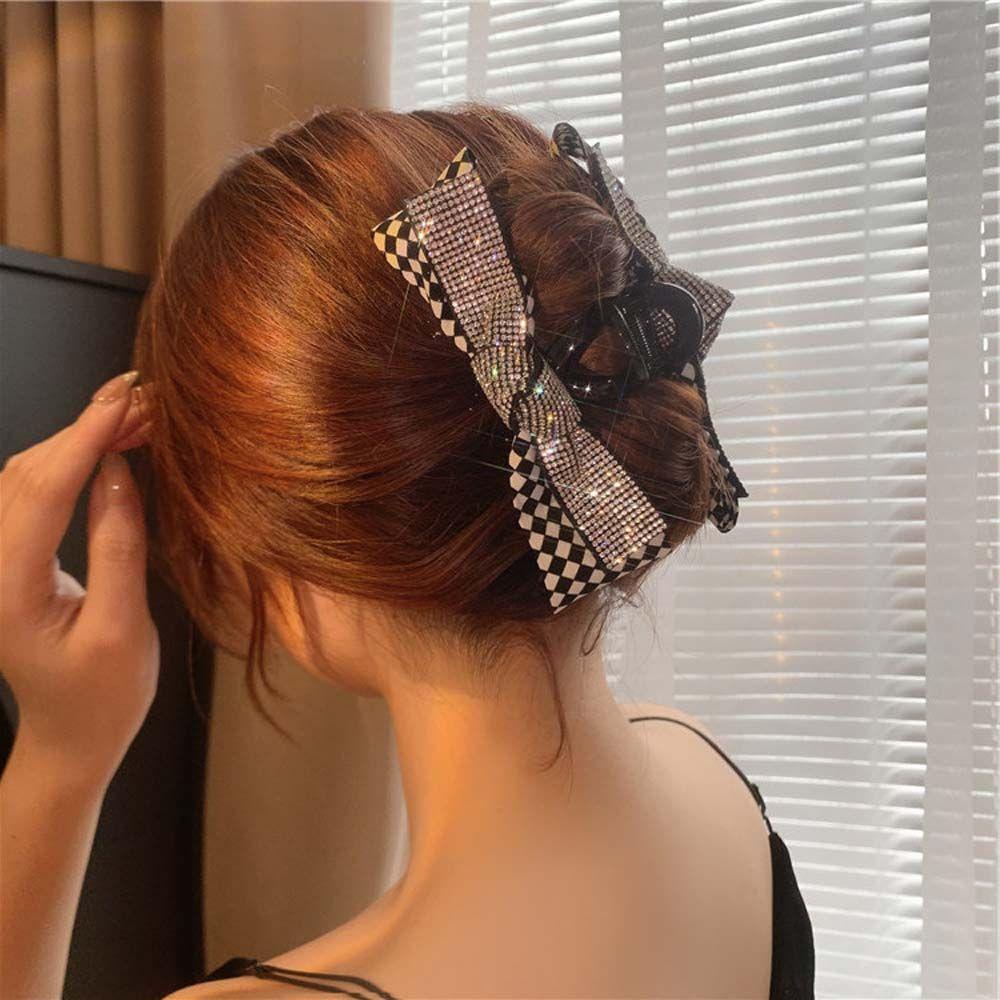 Kẹp Tóc Nơ Họa Tiết Sọc Caro Đính Đá Đen Trắng Thời Trang