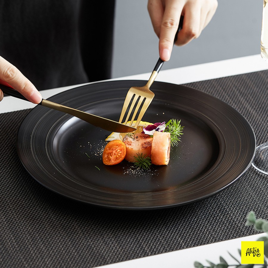 Đĩa tròn có đường vân cách điệu - dùng ăn bít tết, trang trí đồ ăn, decor